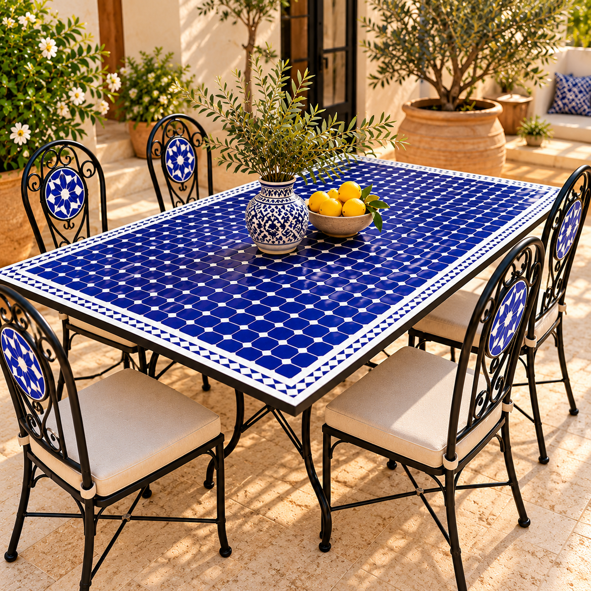 Moroccan Blue and White Zellige Mosaic Outdoor Dining Table – Handmade Fes Pottery