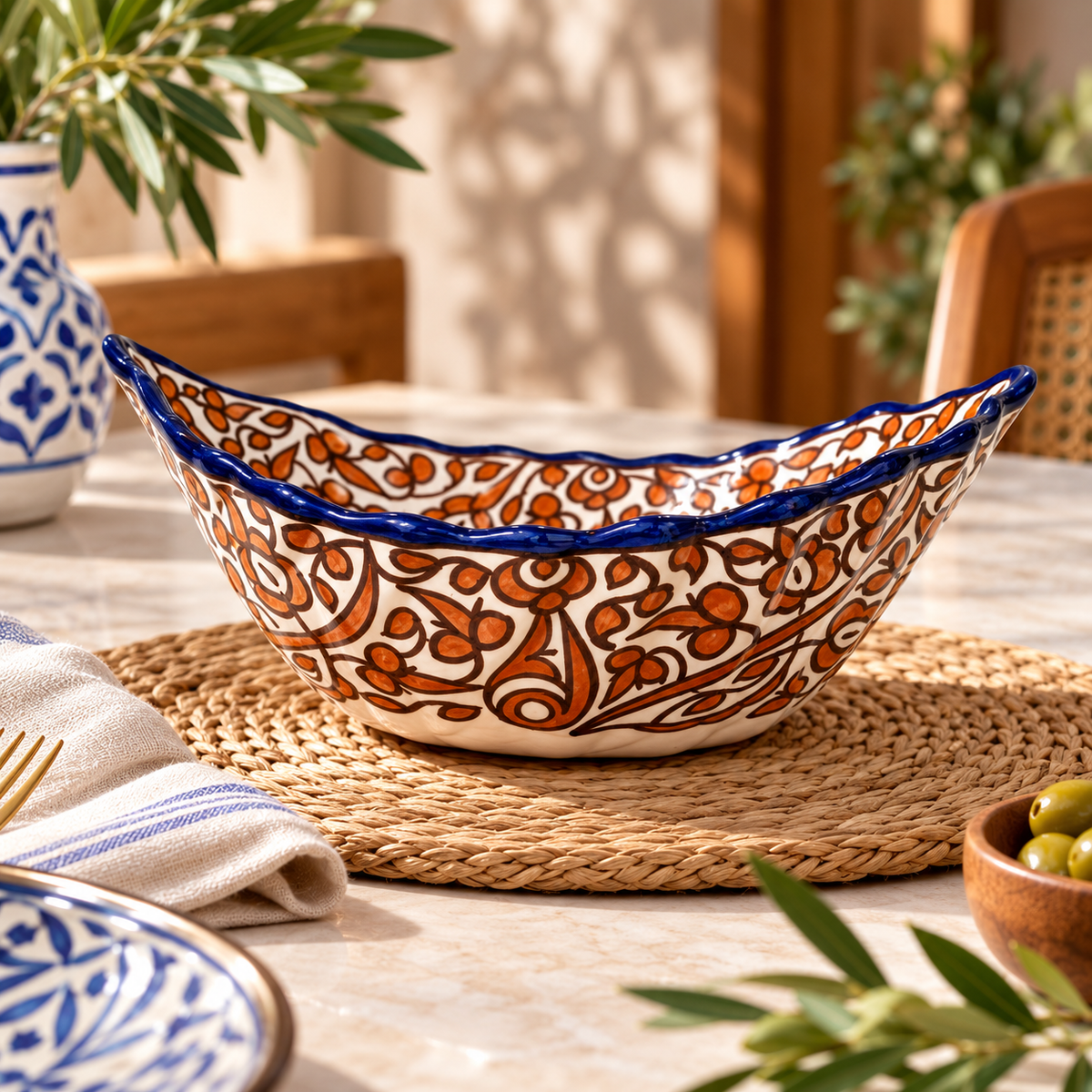 Handmade Moroccan Fes Ceramic Serving Bowl – Brown Floral Design
