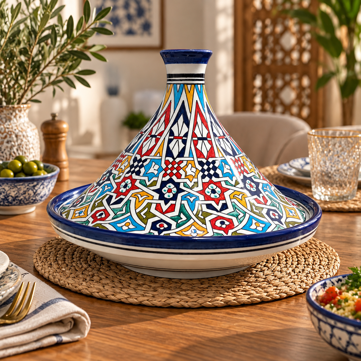 Handmade Moroccan Fes Tagine – Blue & White Hand-Painted Ceramic Serving Tagine