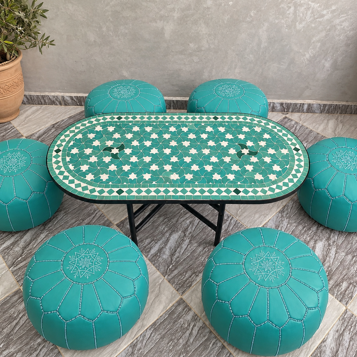 Handmade Moroccan Mosaic Coffee Table – Green & White Oval Zellige Tile Table