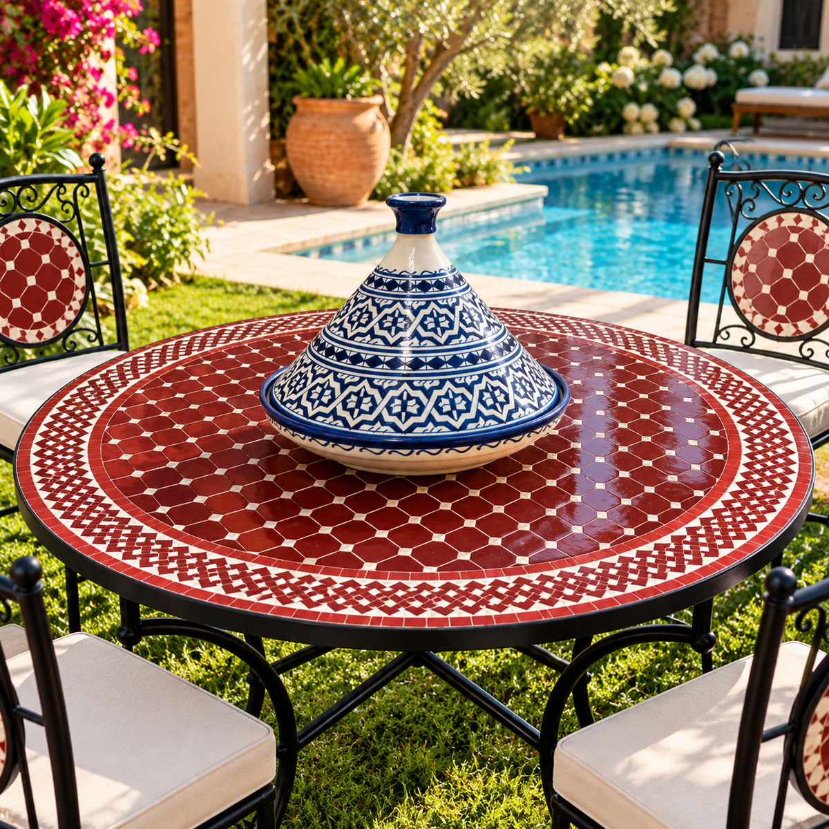 Handmade Moroccan Mosaic Table – Burgundy Red & White Zellige Table