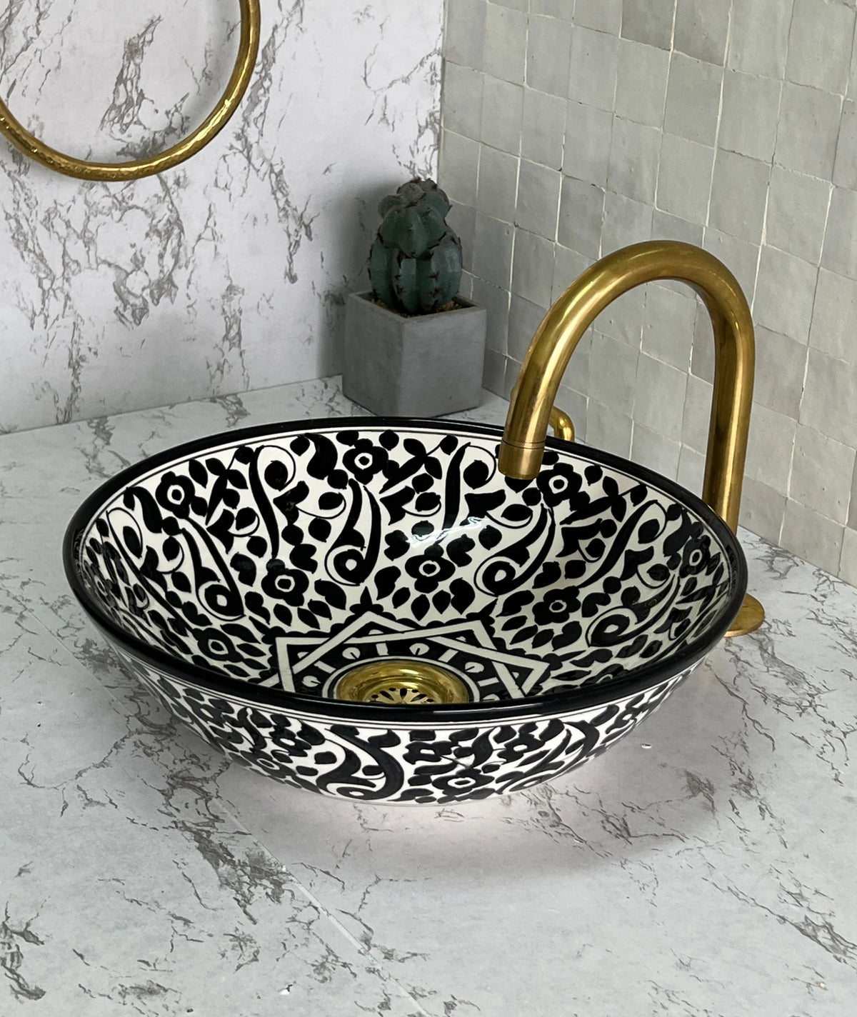 Hand-Painted Moroccan Ceramic Sink – Black & White Floral Vessel Basin