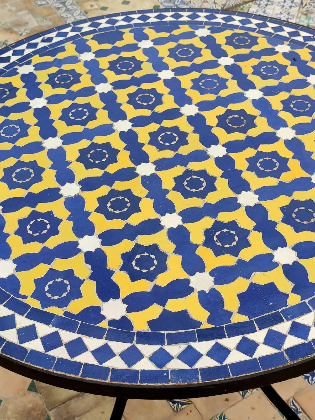 Authentic Handmade Moroccan Mosaic Dining Table – Cobalt Blue & Yellow Zellige Tile Patio Table from Fez