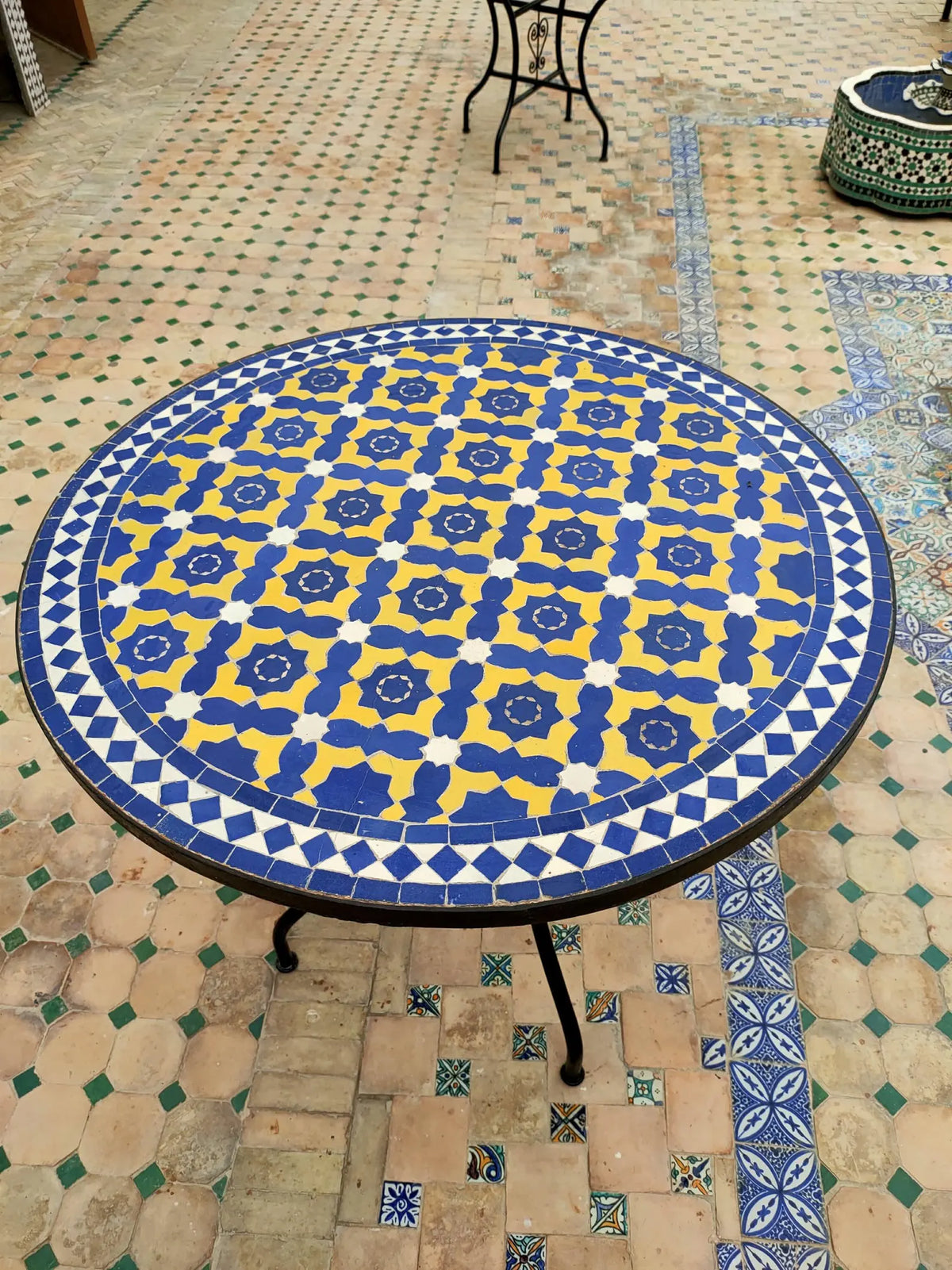 Authentic Handmade Moroccan Mosaic Dining Table – Cobalt Blue & Yellow Zellige Tile Patio Table from Fez