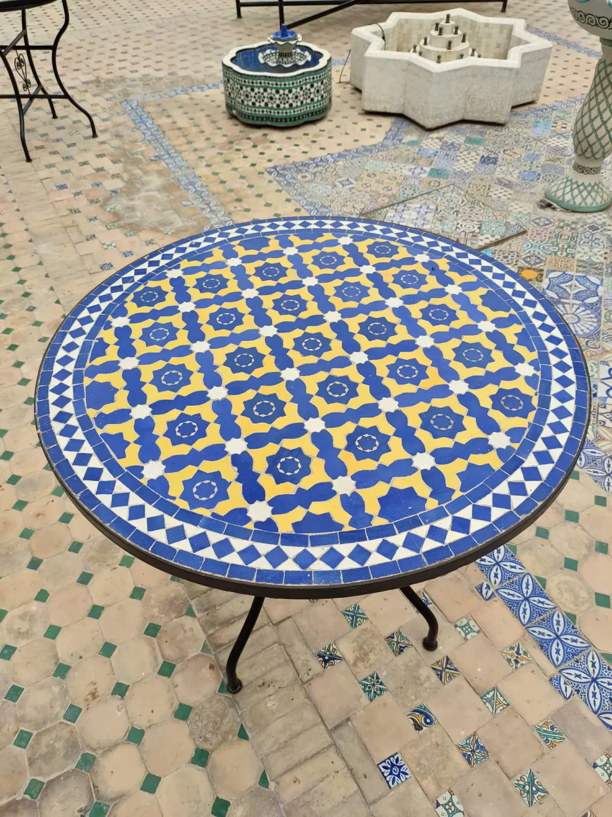Authentic Handmade Moroccan Mosaic Dining Table – Cobalt Blue & Yellow Zellige Tile Patio Table from Fez
