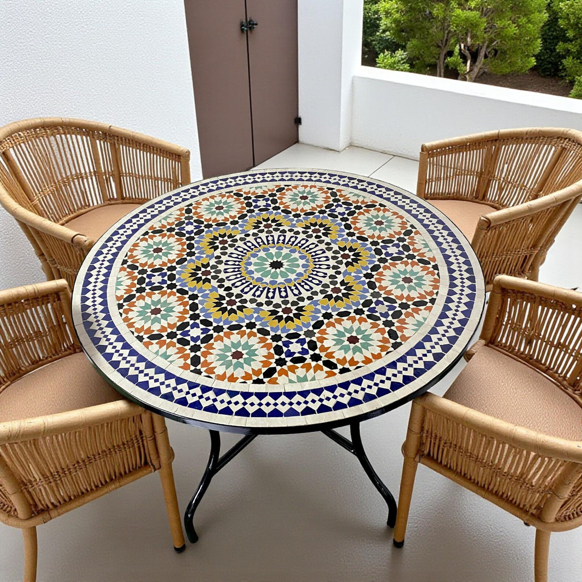 Handmade Moroccan Mosaic Table – Round Fassi Zellige Outdoor Patio Table