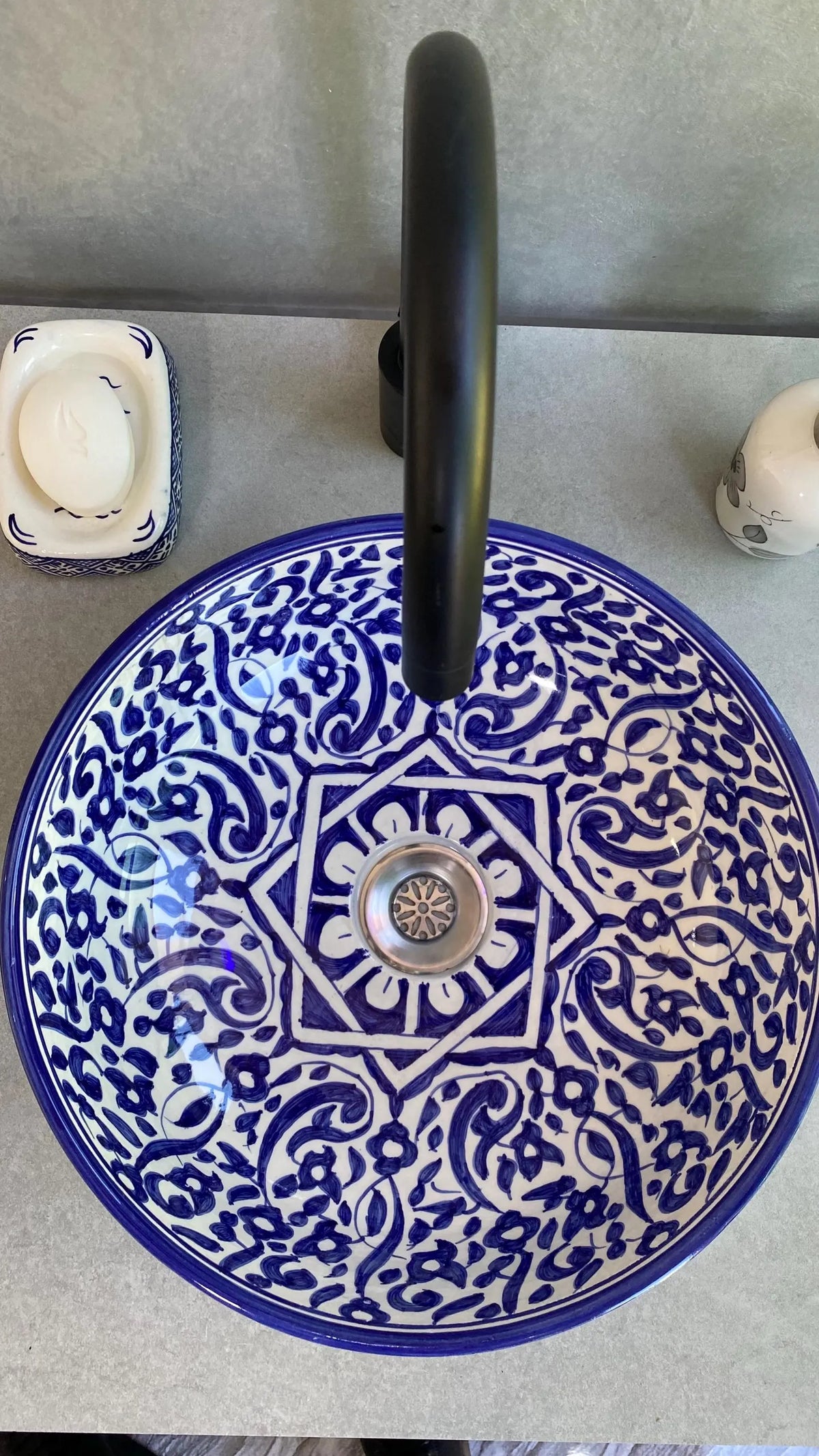 Hand-Painted Moroccan Ceramic Bathroom Sink – Blue & White