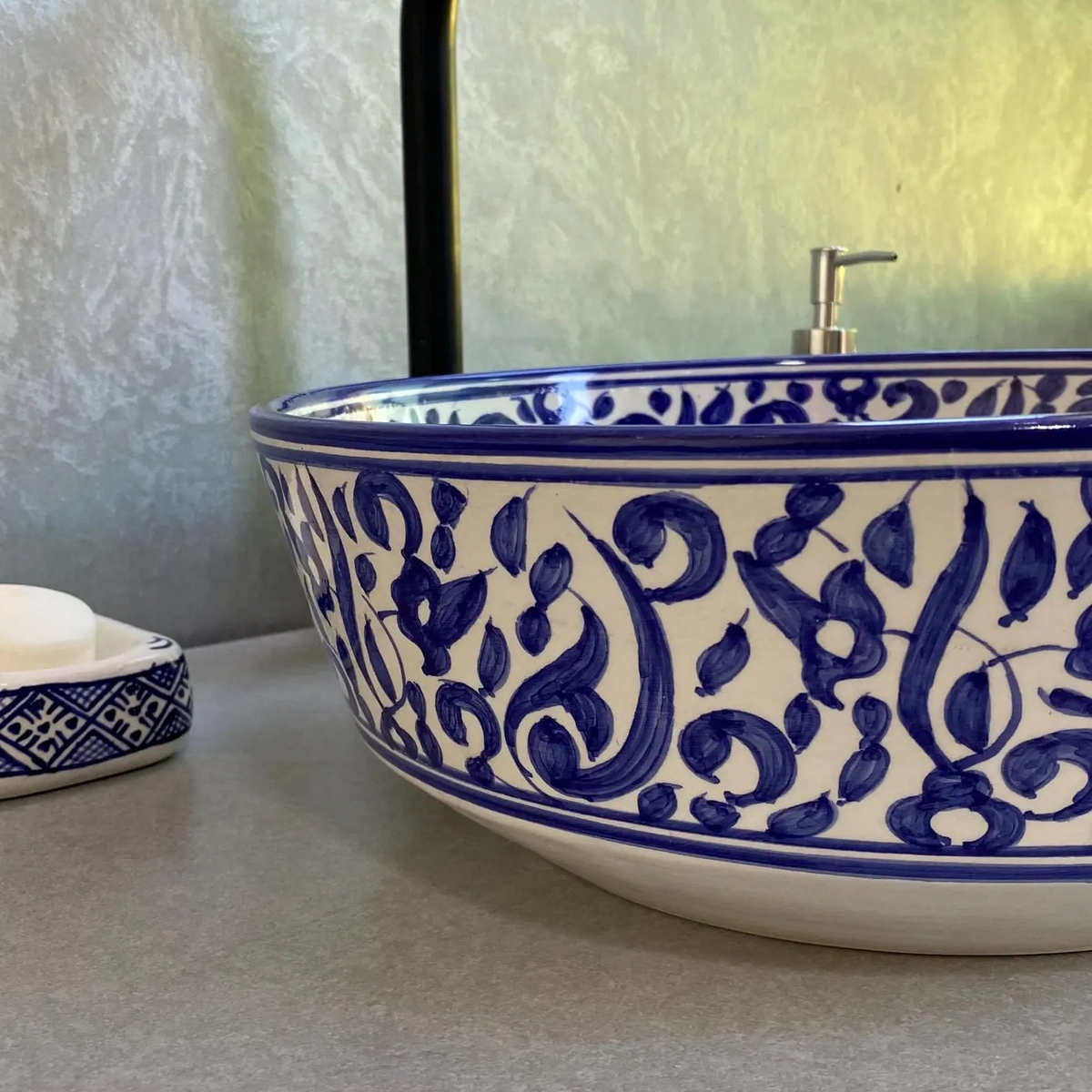 Hand-Painted Moroccan Ceramic Bathroom Sink – Blue & White