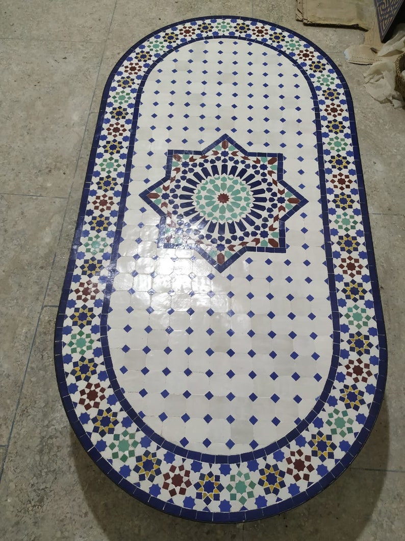 Moroccan Oval Mosaic Table – Handmade Traditional Zellige Art