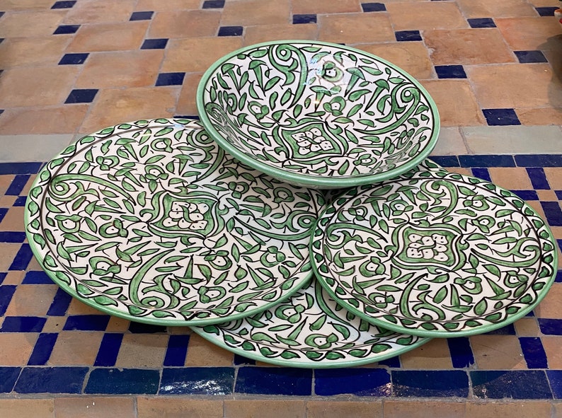 Green Hand-Painted Moroccan Fes Pottery Plates & Bowl – Floral Ceramic Dinnerware