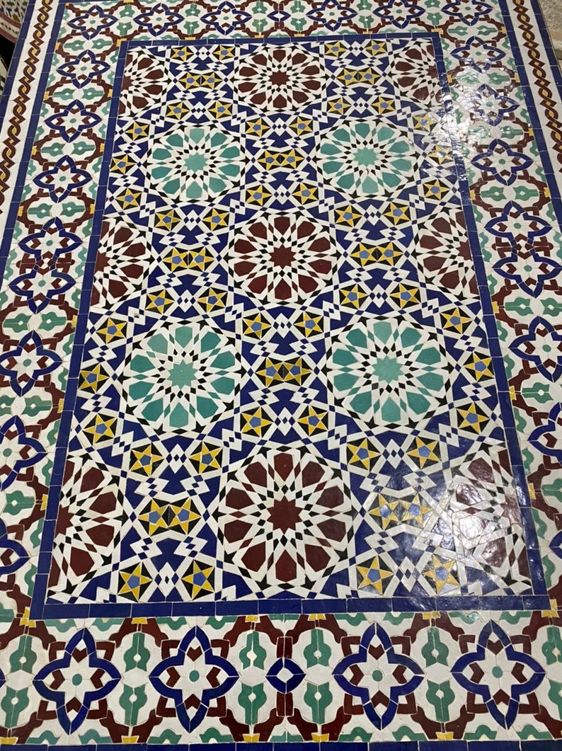 Handmade Moroccan Zellige Mosaic Table – Colorful Fassi Tile Outdoor Dining Table