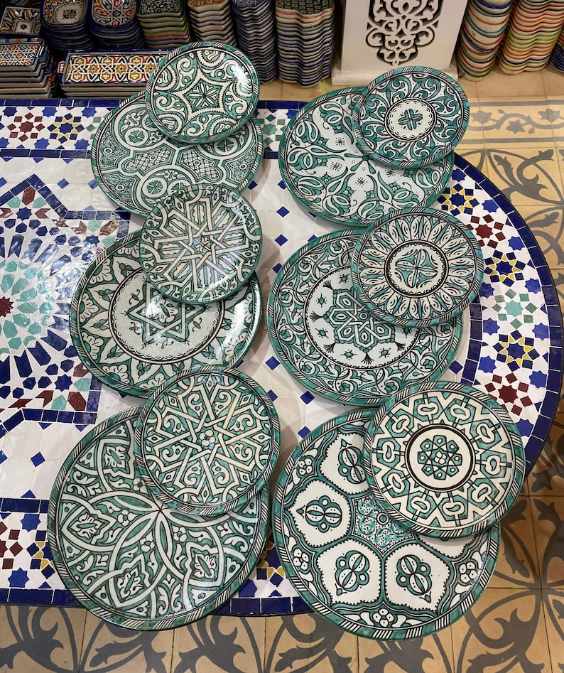 Green hand painted Moroccan fez pottery plates dishwasher and microwave safe