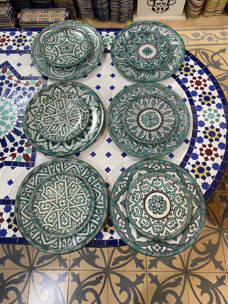 Green hand painted Moroccan fez pottery plates dishwasher and microwave safe