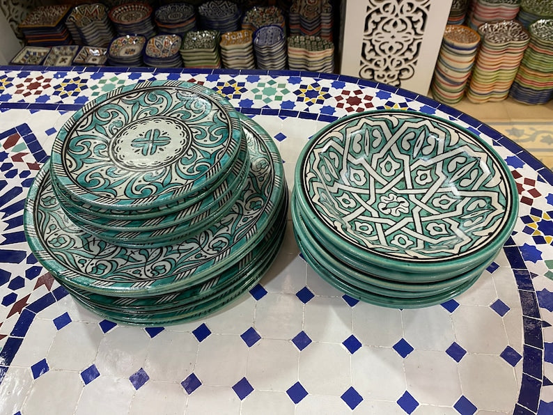 Green hand painted Moroccan fez pottery plates dishwasher and microwave safe