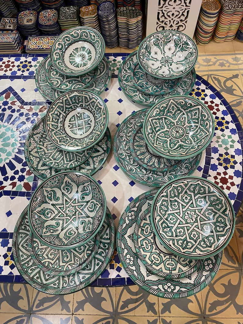 Green hand painted Moroccan fez pottery plates dishwasher and microwave safe