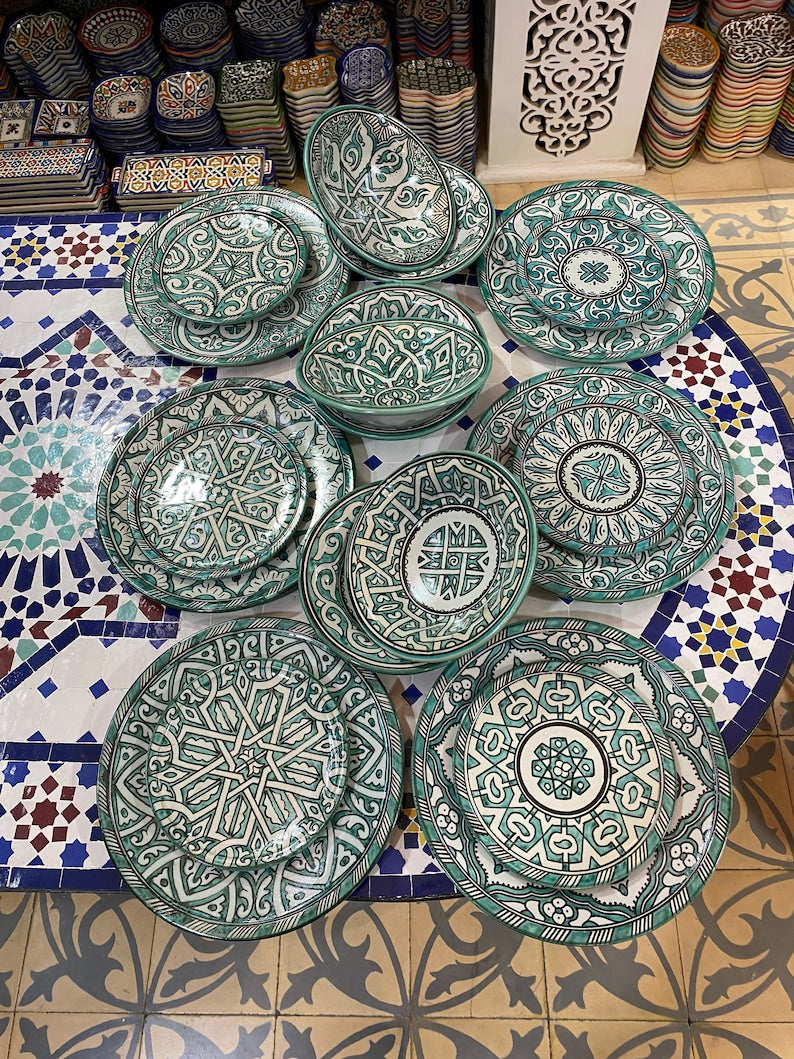 Green hand painted Moroccan fez pottery plates dishwasher and microwave safe