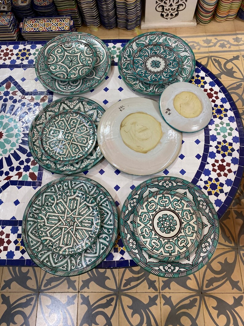 Green hand painted Moroccan fez pottery plates dishwasher and microwave safe
