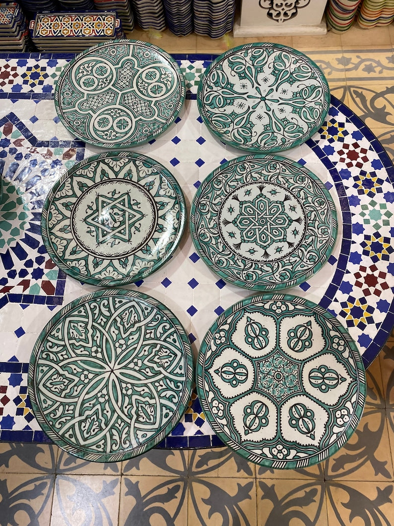 Green hand painted Moroccan fez pottery plates dishwasher and microwave safe