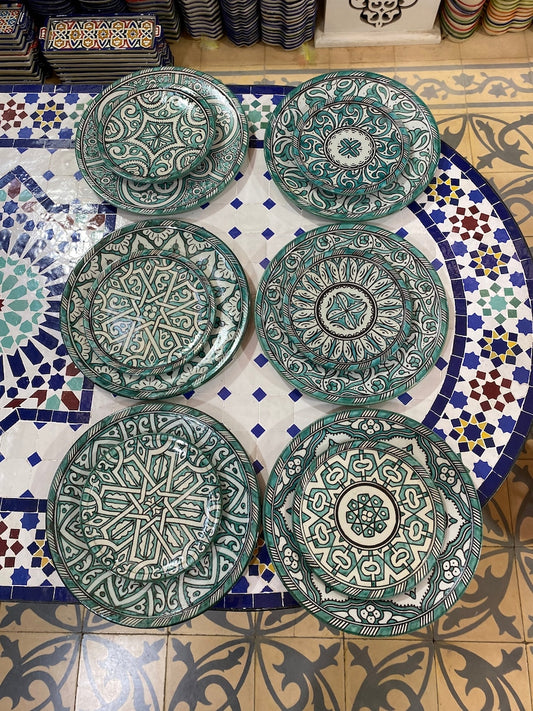 Luxury Moroccan Fassi Pottery Set – 18 Handcrafted Pieces in Green