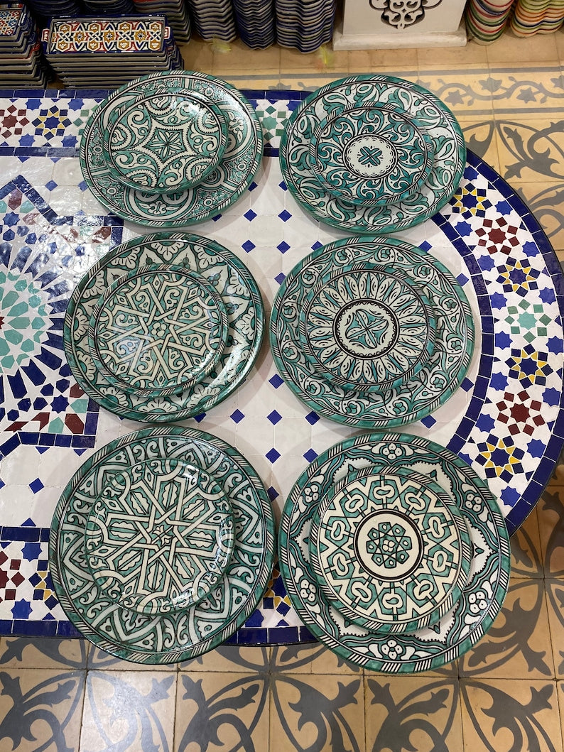 Green hand painted Moroccan fez pottery plates dishwasher and microwave safe