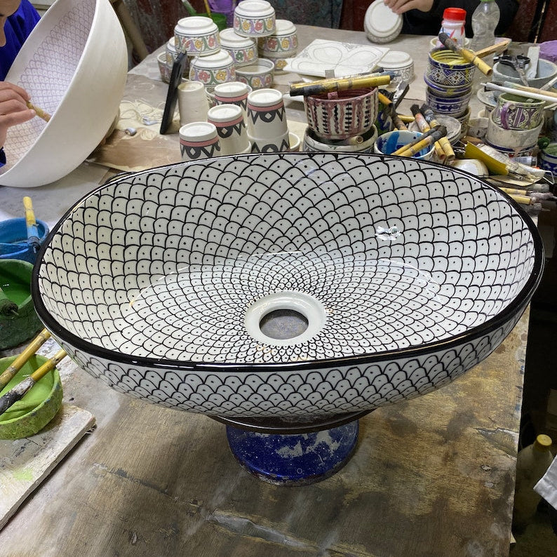 Moroccan Ceramic Vessel Sink – Green & Black & Gray Fish Scale Design