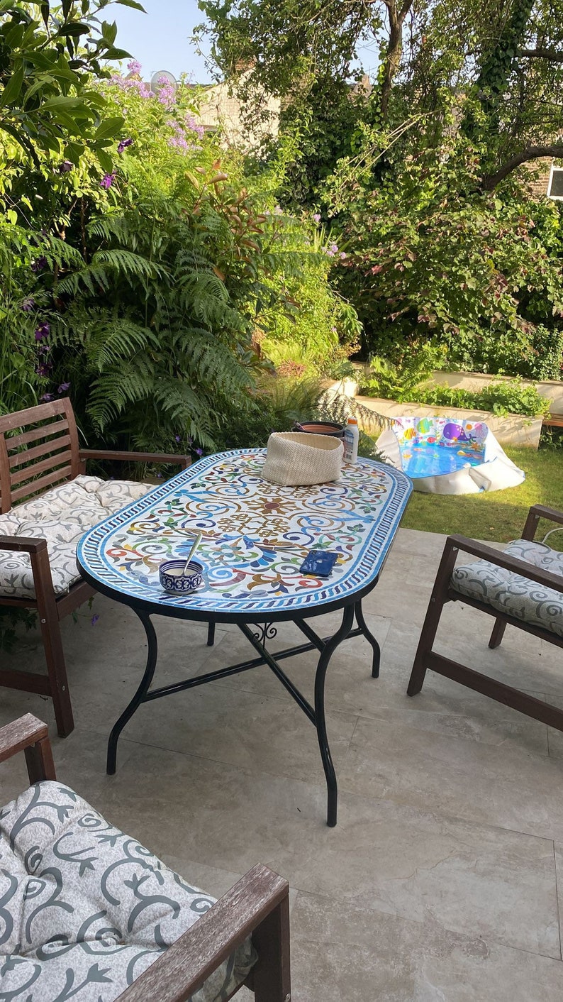 Handmade Moroccan Mosaic Table – Colorful Fes Ceramic Tile Table, Traditional Arabesque Design