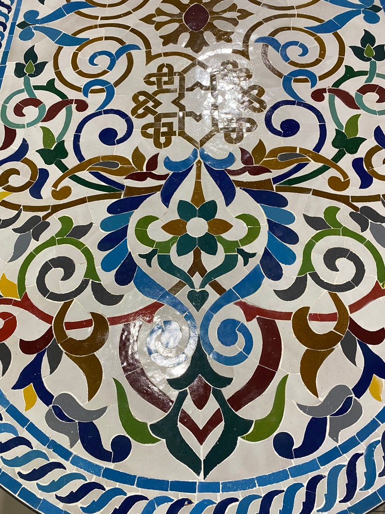 Handmade Moroccan Mosaic Table – Colorful Fes Ceramic Tile Table, Traditional Arabesque Design