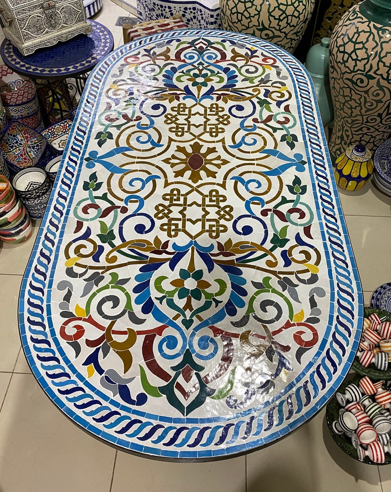 Handmade Moroccan Mosaic Table – Colorful Fes Ceramic Tile Table, Traditional Arabesque Design