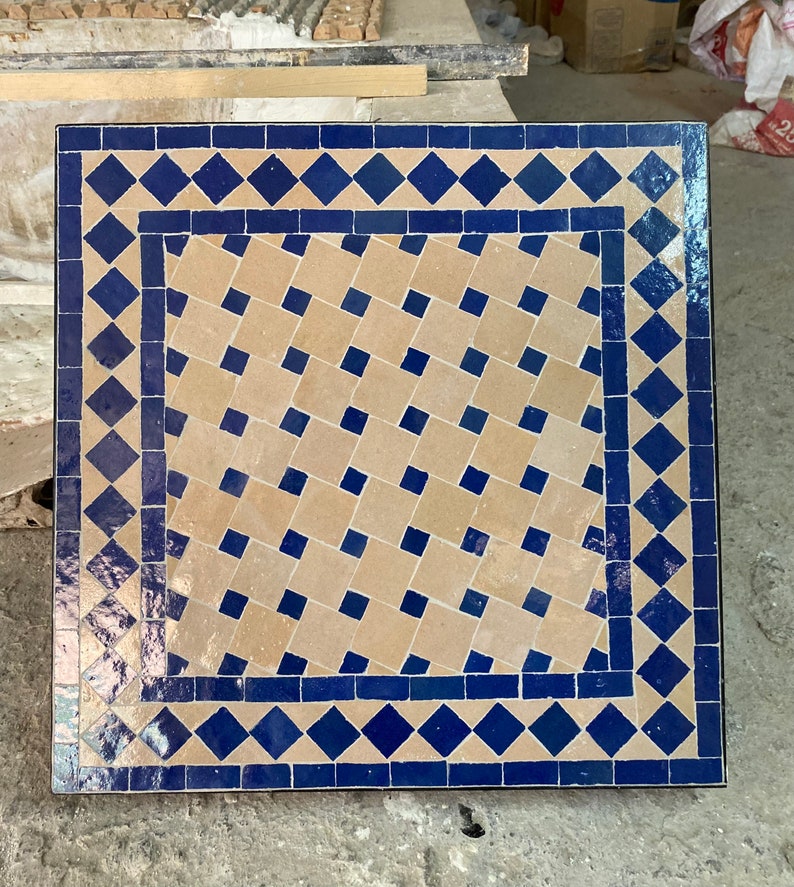 Handmade Moroccan Mosaic Coffee Table – Blue & Beige Zellige Patio Table