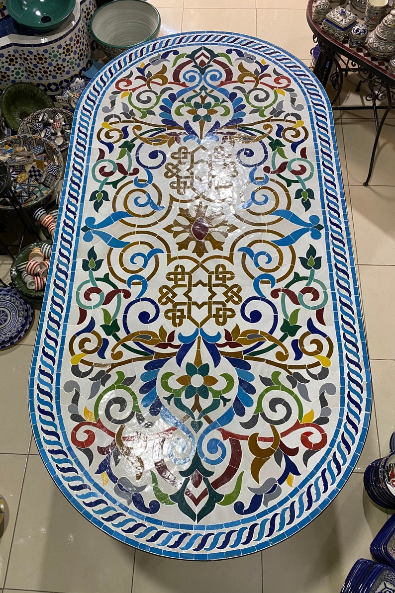 Handmade Moroccan Mosaic Table – Colorful Fes Ceramic Tile Table, Traditional Arabesque Design