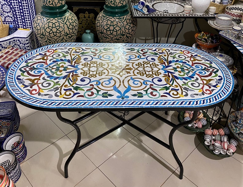 Handmade Moroccan Mosaic Table – Colorful Fes Ceramic Tile Table, Traditional Arabesque Design