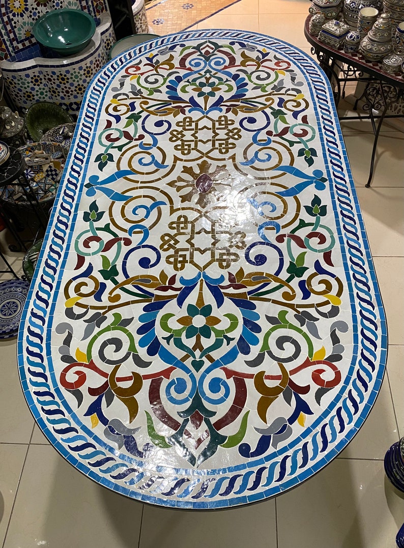 Handmade Moroccan Mosaic Table – Colorful Fes Ceramic Tile Table, Traditional Arabesque Design