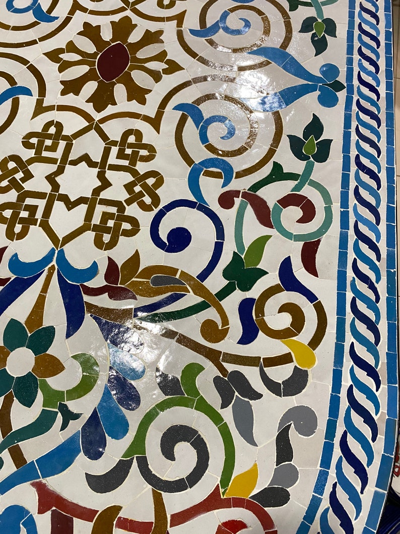 Handmade Moroccan Mosaic Table – Colorful Fes Ceramic Tile Table, Traditional Arabesque Design