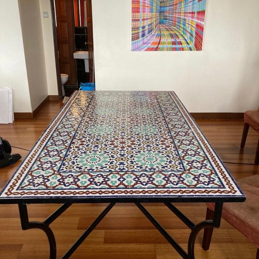 Handmade Moroccan Zellige Mosaic Table – Colorful Fassi Tile Outdoor Dining Table