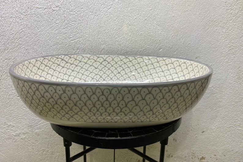 Moroccan Ceramic Vessel Sink – Green & Black & Gray Fish Scale Design