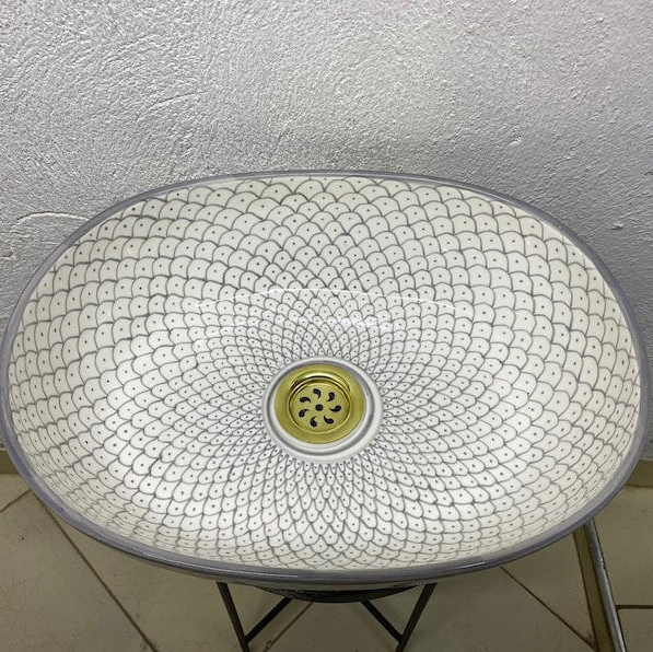 Moroccan Ceramic Vessel Sink – Green & Black & Gray Fish Scale Design
