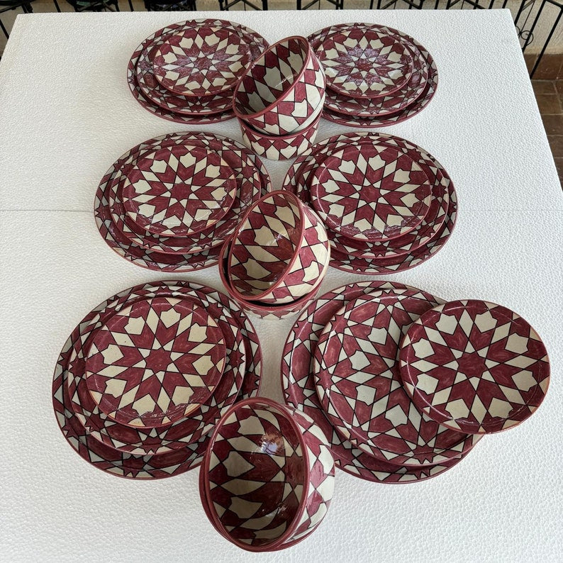 Exquisite Handmade Moroccan Pink Dinner Set: Hand-Painted, Wood-Fired Artistry