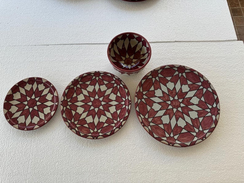 Exquisite Handmade Moroccan Pink Dinner Set: Hand-Painted, Wood-Fired Artistry