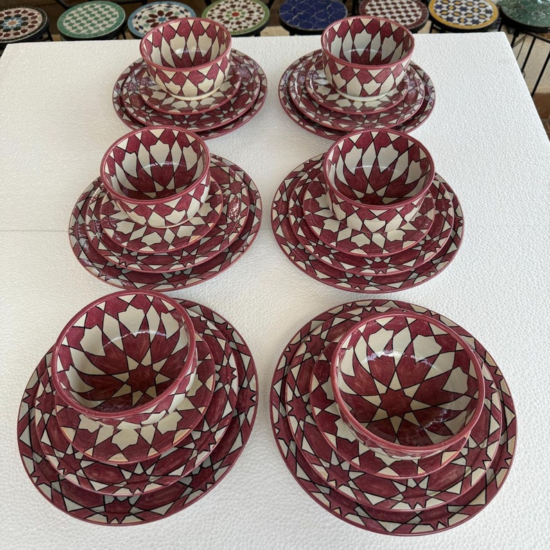 Exquisite Handmade Moroccan Pink Dinner Set: Hand-Painted, Wood-Fired Artistry