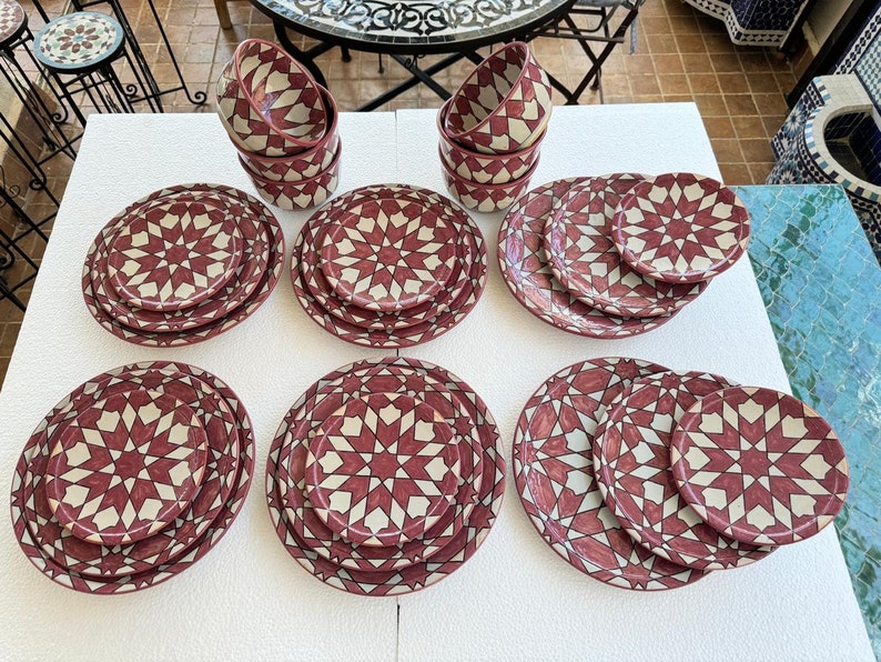 Exquisite Handmade Moroccan Pink Dinner Set: Hand-Painted, Wood-Fired Artistry