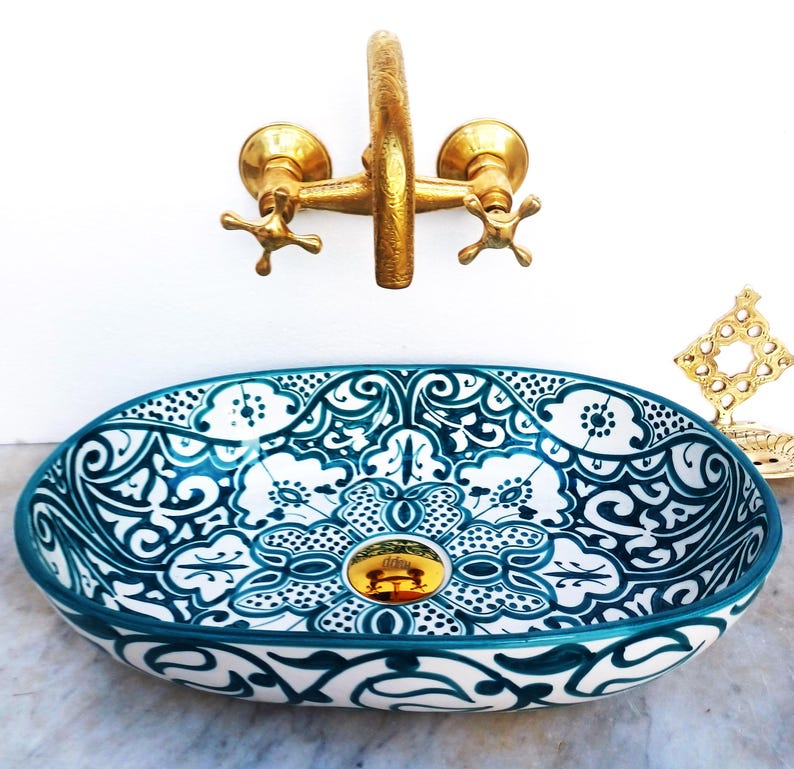 Handmade Moroccan Ceramic Bathroom Sink – Blue & White Fassi Design