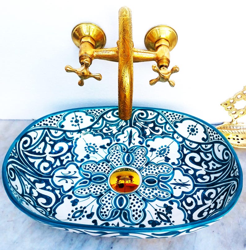 Handmade Moroccan Ceramic Bathroom Sink – Blue & White Fassi Design