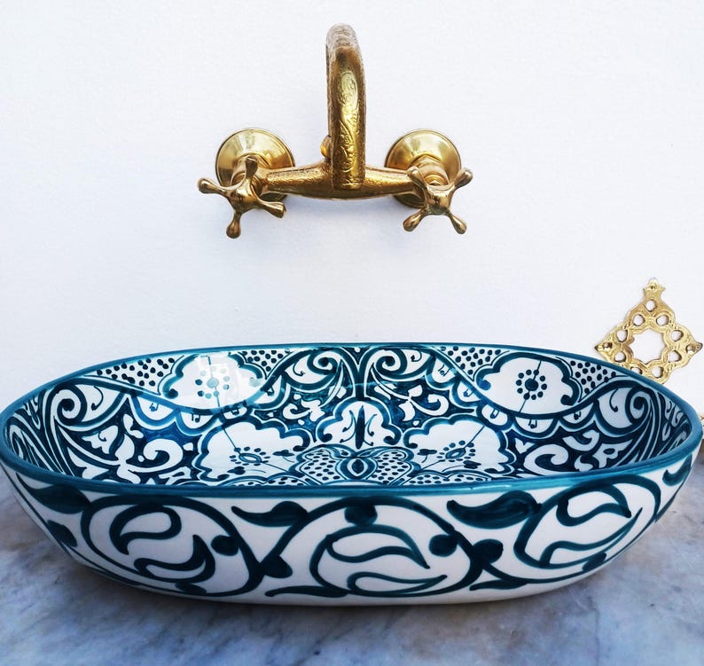 Handmade Moroccan Ceramic Bathroom Sink – Blue & White Fassi Design