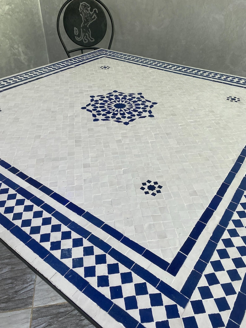 Moroccan Blue and White Zellige Mosaic Table – Handmade Fes Pottery
