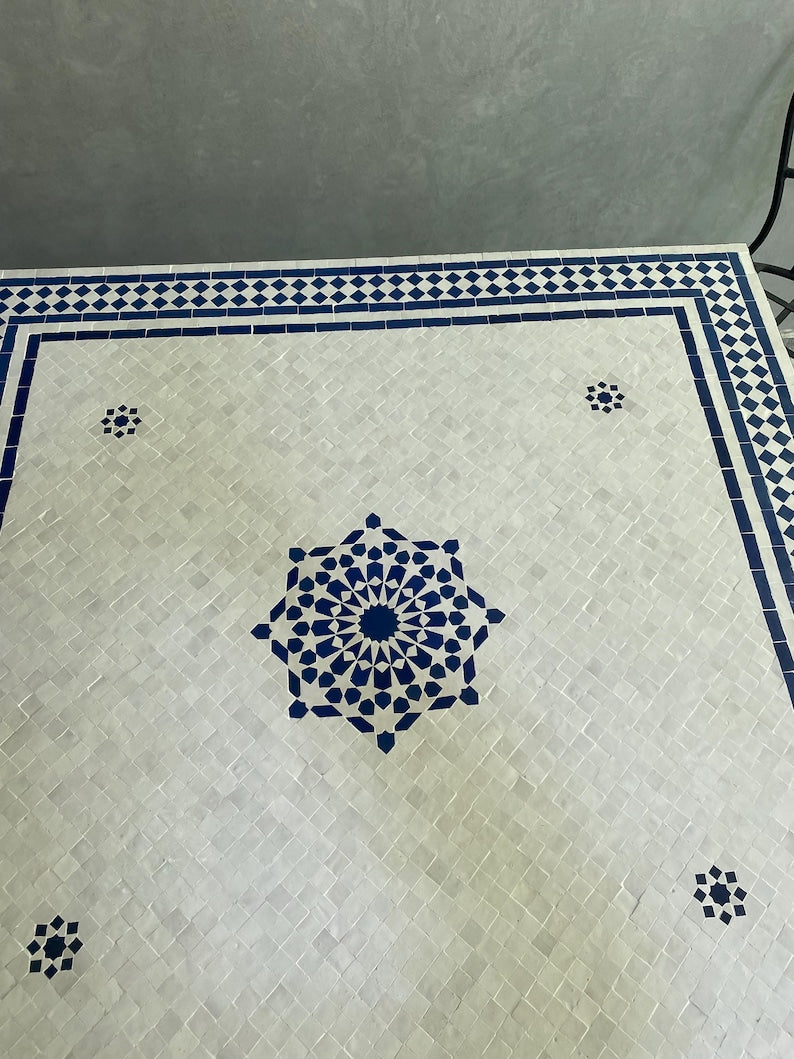 Moroccan Blue and White Zellige Mosaic Table – Handmade Fes Pottery