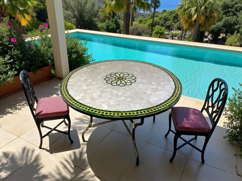 mosaic table from Moroccan fez pottery green and white design