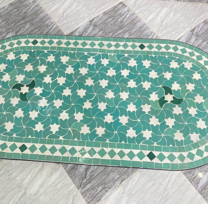 Handmade Moroccan Mosaic Coffee Table – Green & White Oval Zellige Tile Table