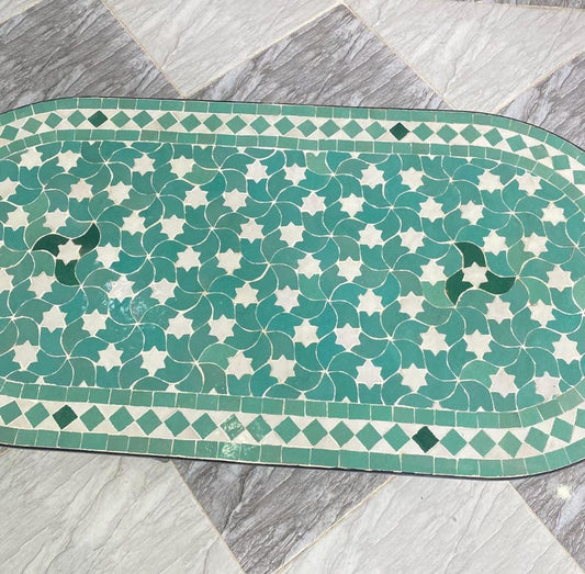 Handmade Moroccan Mosaic Coffee Table – Green & White Oval Zellige Tile Table