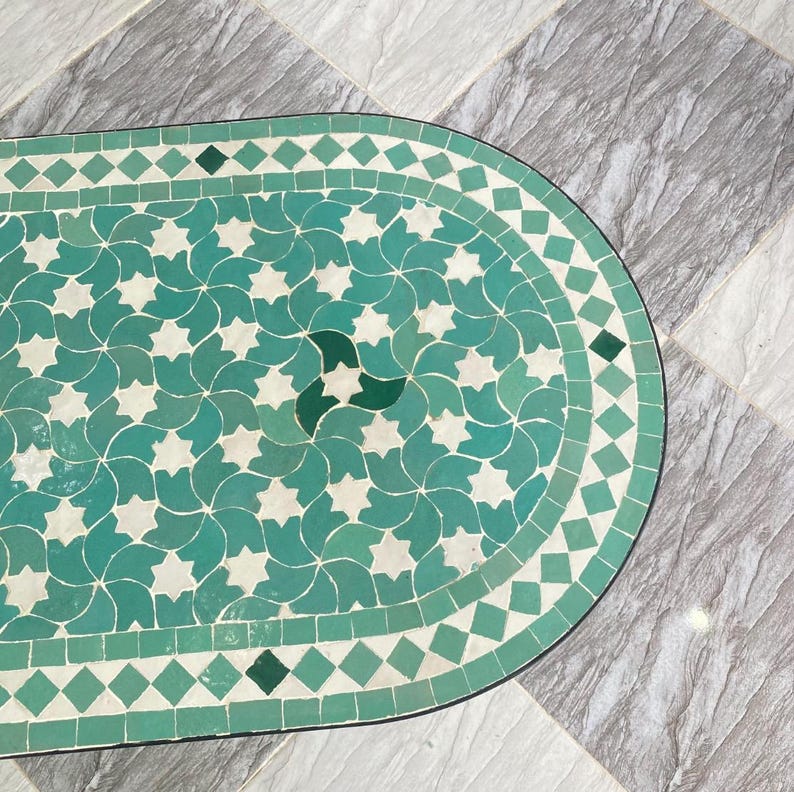 Handmade Moroccan Mosaic Coffee Table – Green & White Oval Zellige Tile Table