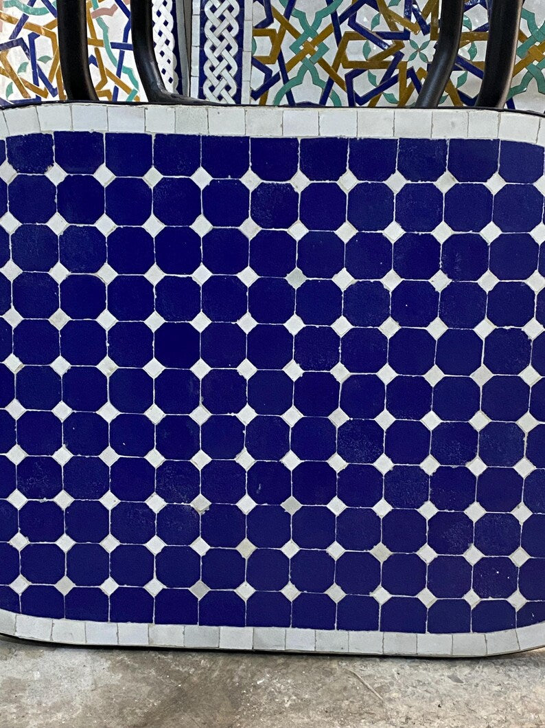 Handmade Moroccan oval Mosaic Table – Blue & White Zellige Patio Table